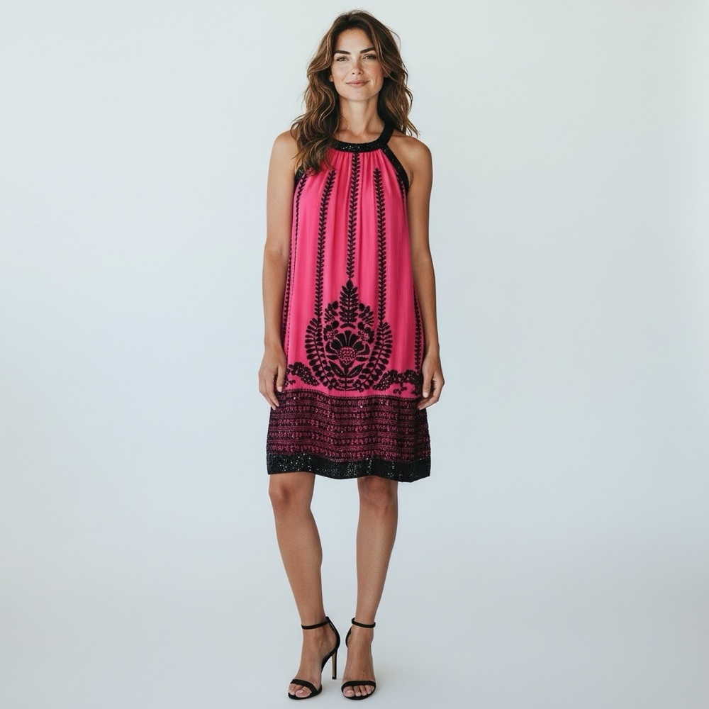 STUDIO PETITE❤️Red Halter Dress with Black Velvet Trim SZ Med Petite